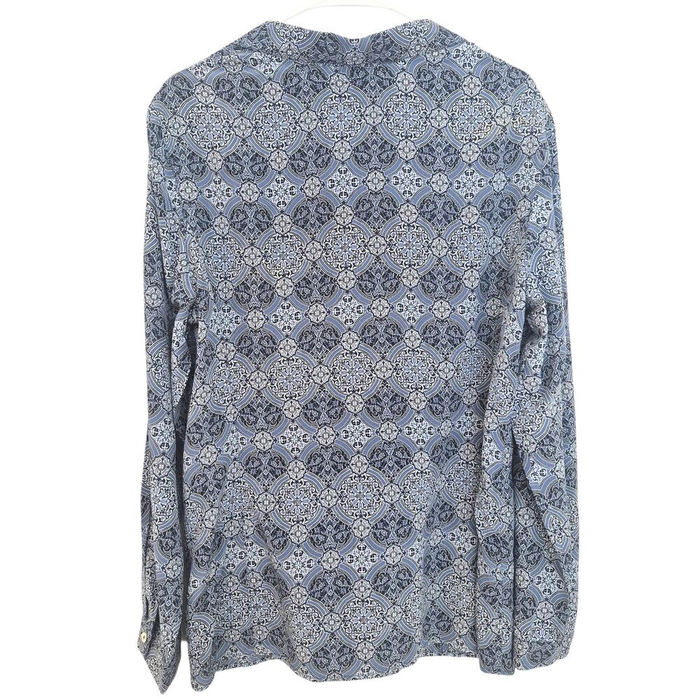 Liz Claiborne Silk Blouse Sz 14 Boho Print Long Sleeve Top Button Blue Office - Picture 2 of 8